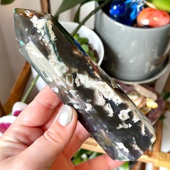 🌊Druzy Ocean Jasper Moss Agate Crystal Tower Point🌊 - Picture 4 of 4